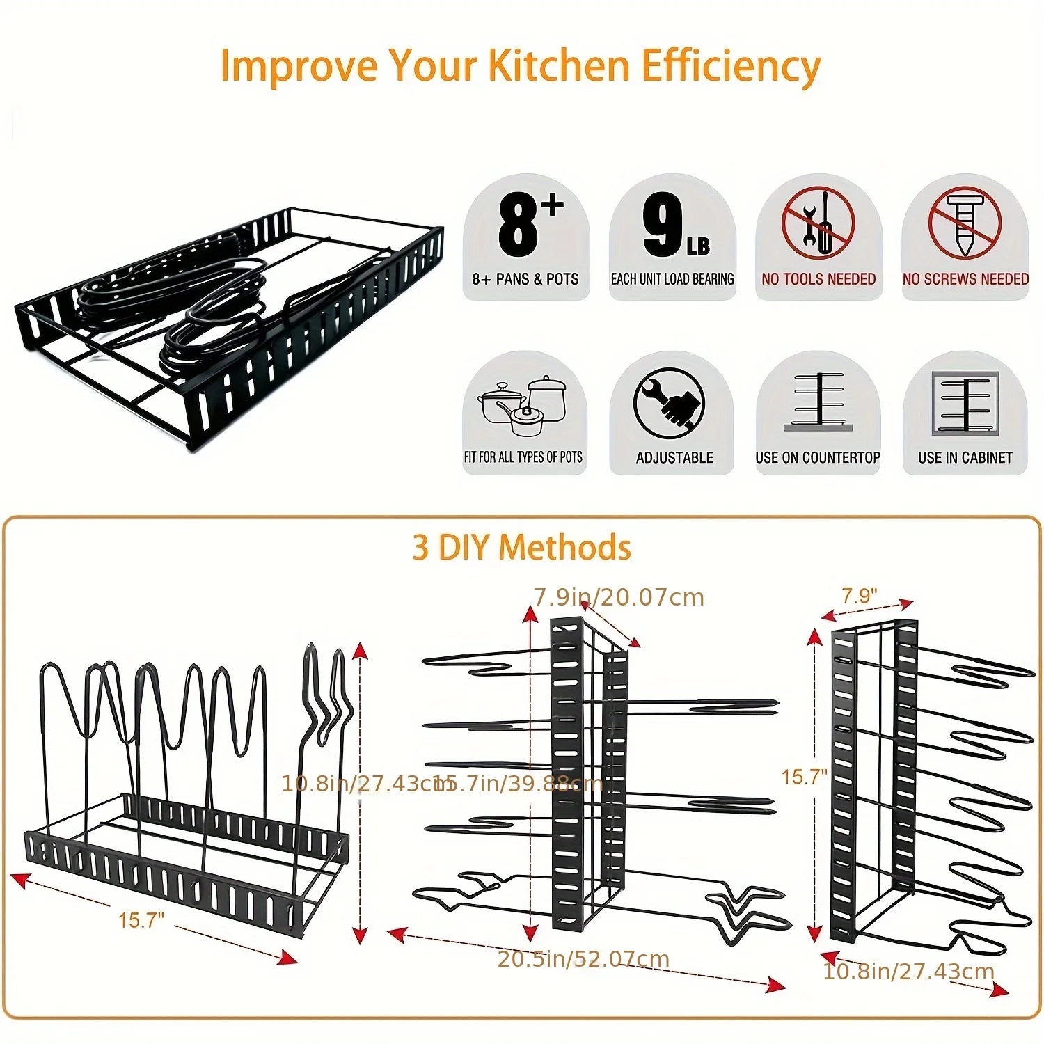 8-Tier Duty Pot Rack Organizer Durable Metal,Space-saving Cabinet Holder for Pots,Pans and lids-Keep Your Kitchen Neat and Tidy - You Offer