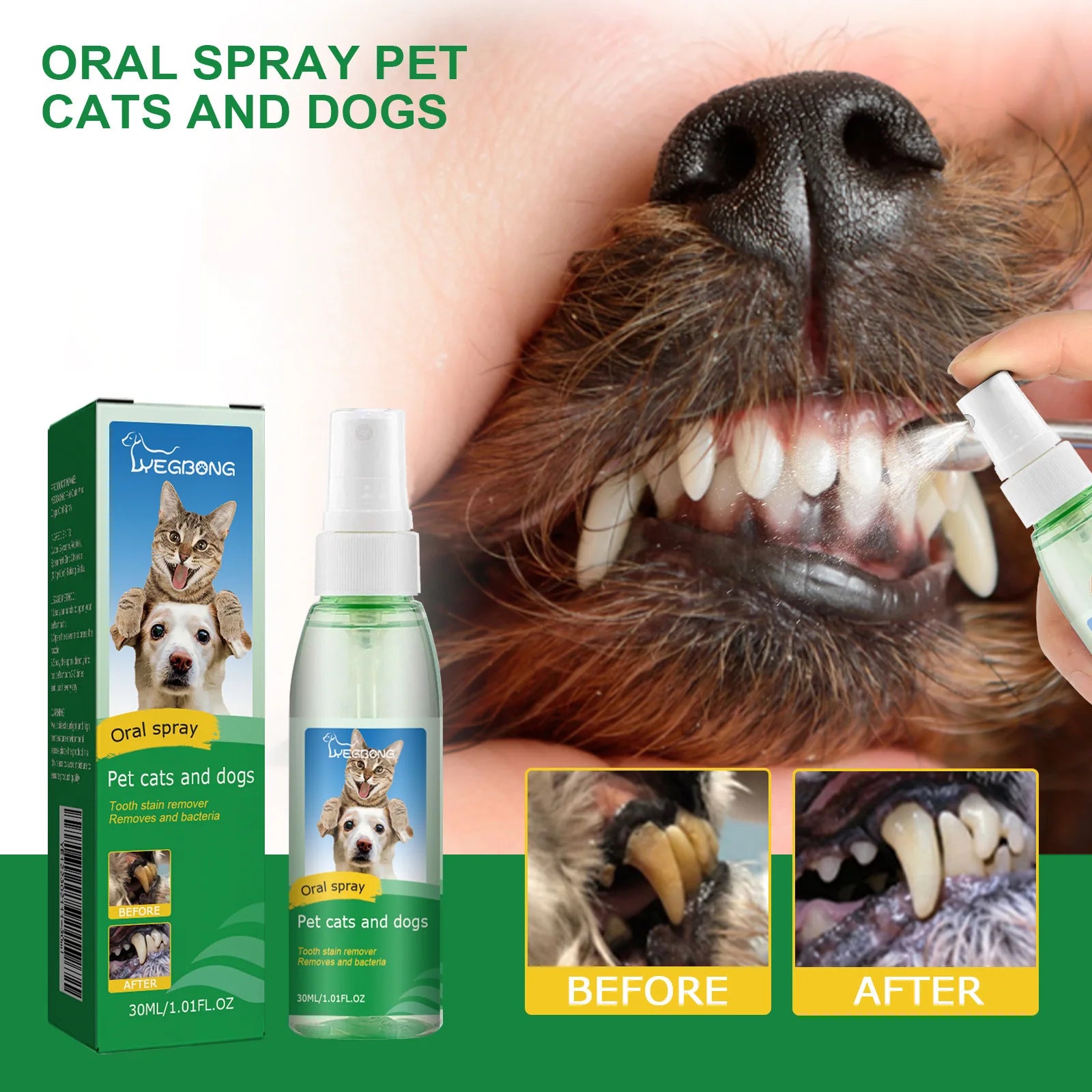 Yegbong 30ml Pet Oral Cleansing Spray Mouth Fresh Dogs Cats Remove Bad Breath Oral Deodorant Teeth Stain Tartar Remover Spray