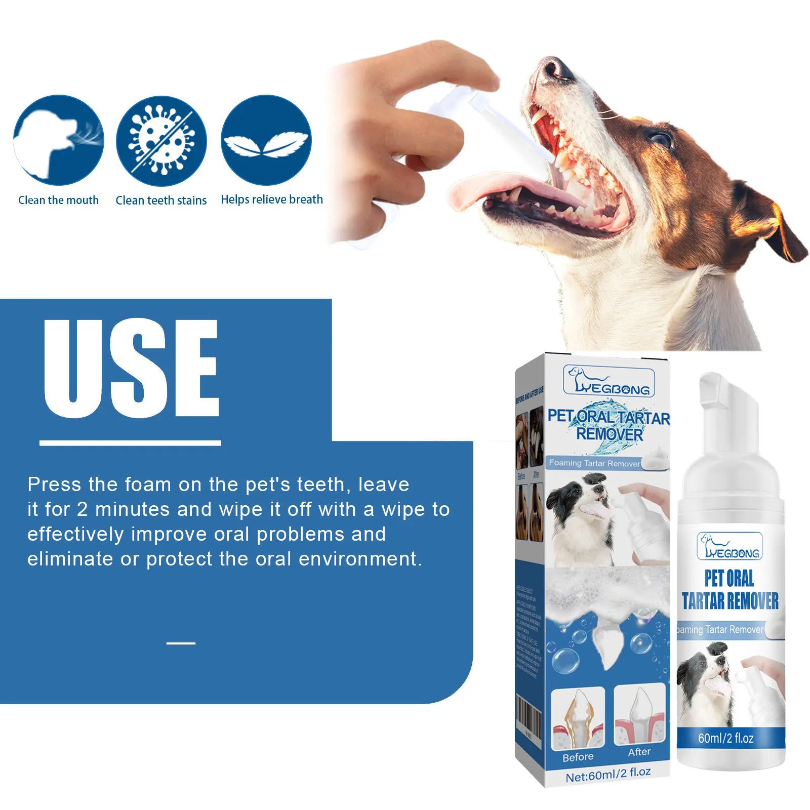 Yegbong 60ml Pet Tartar Removal Foam Cleaner Oral Odor Fresh Deodorant Dogs Cats Dental Calculus Cleaning Teeth Whitening Mousse