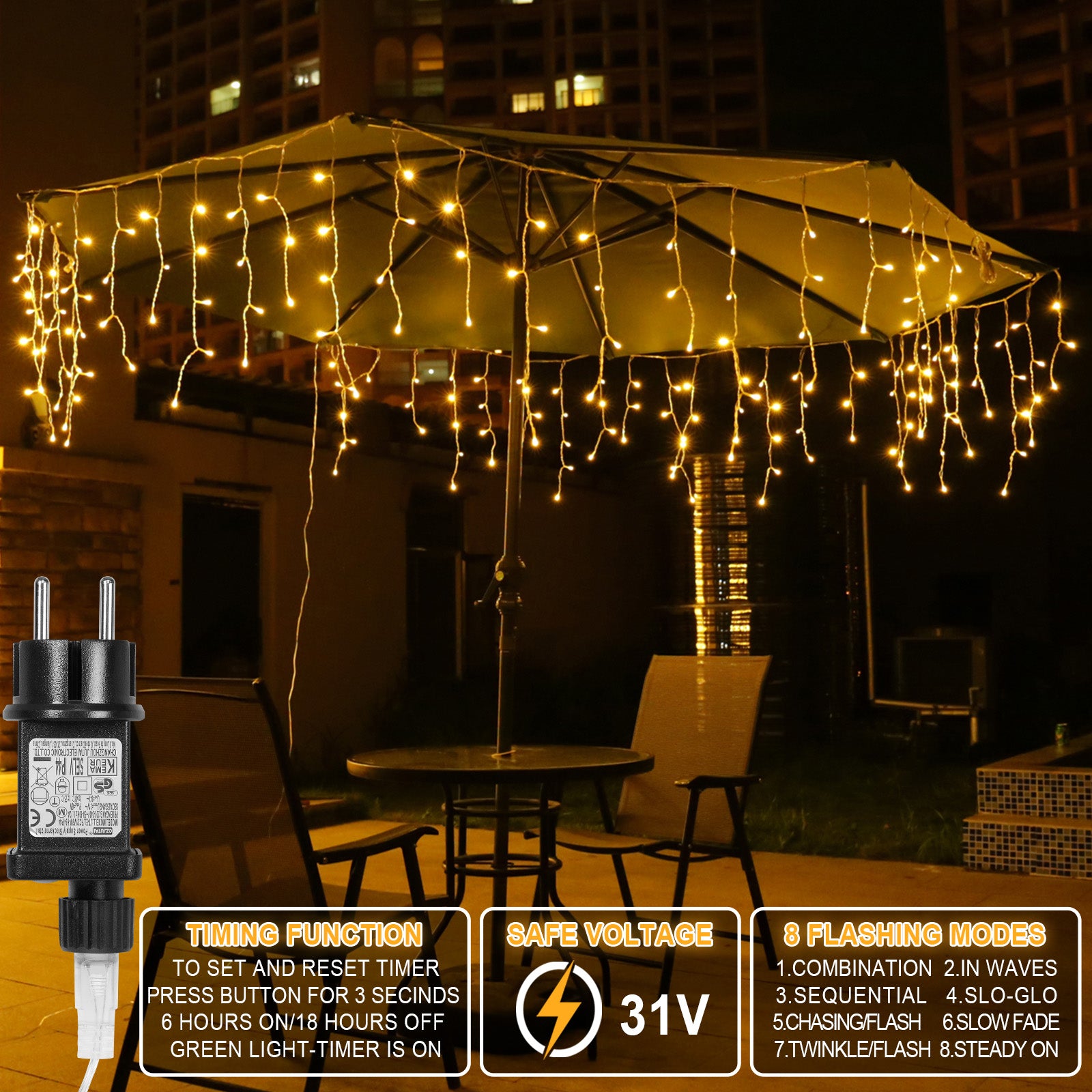 Memory LED Icicle String Lights 5/10/15M Waterproof Outdoor Christmas Fairy Lights 8 Modes Timer Xmas Newyear Decor 31V Plug
