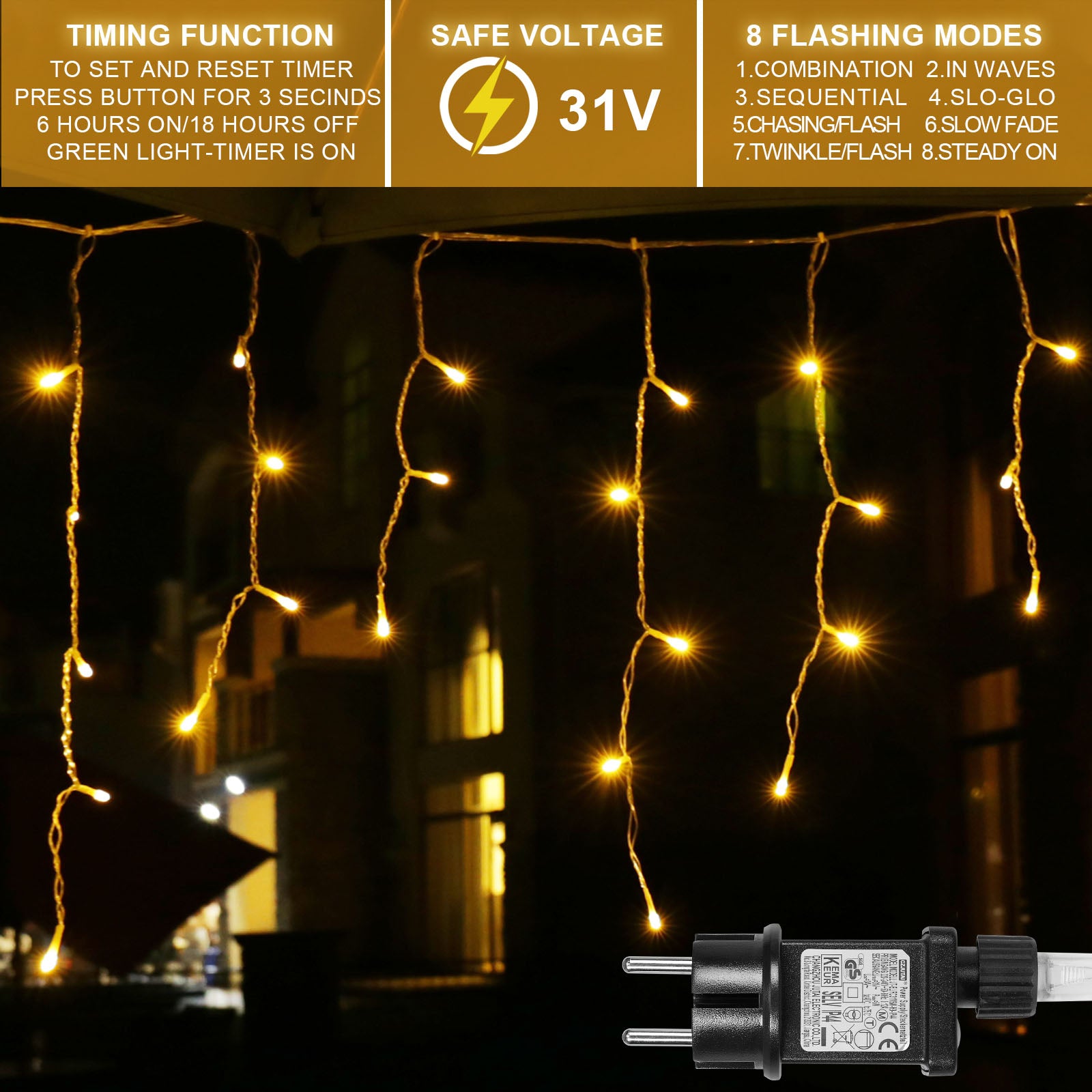 Memory LED Icicle String Lights 5/10/15M Waterproof Outdoor Christmas Fairy Lights 8 Modes Timer Xmas Newyear Decor 31V Plug