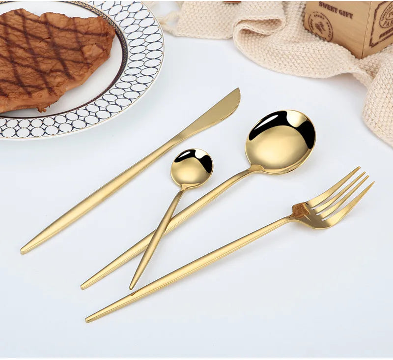 24Pcs Stainless Steel Dinnerware Set Black Gold Cutlery Spoon Fork Knife Western Cutleri Silverware tableware Set Supplies
