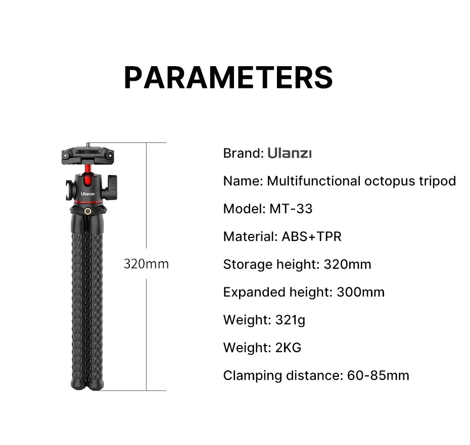 Ulanzi MT-33 Flexible Octopus Tripod for Phone Camera DSLR 2in1 Design Tripod With Phone Holder Side Cold Shoe 1/4'' Screw