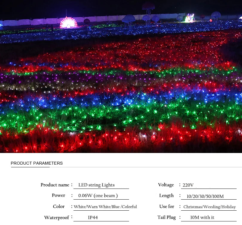 LED Garland String Lights 10m 30m 50m 100m Christmas Tree Wedding Decoration Waterproof Fairy Light Indoor Outdoor 220V EU Lamp