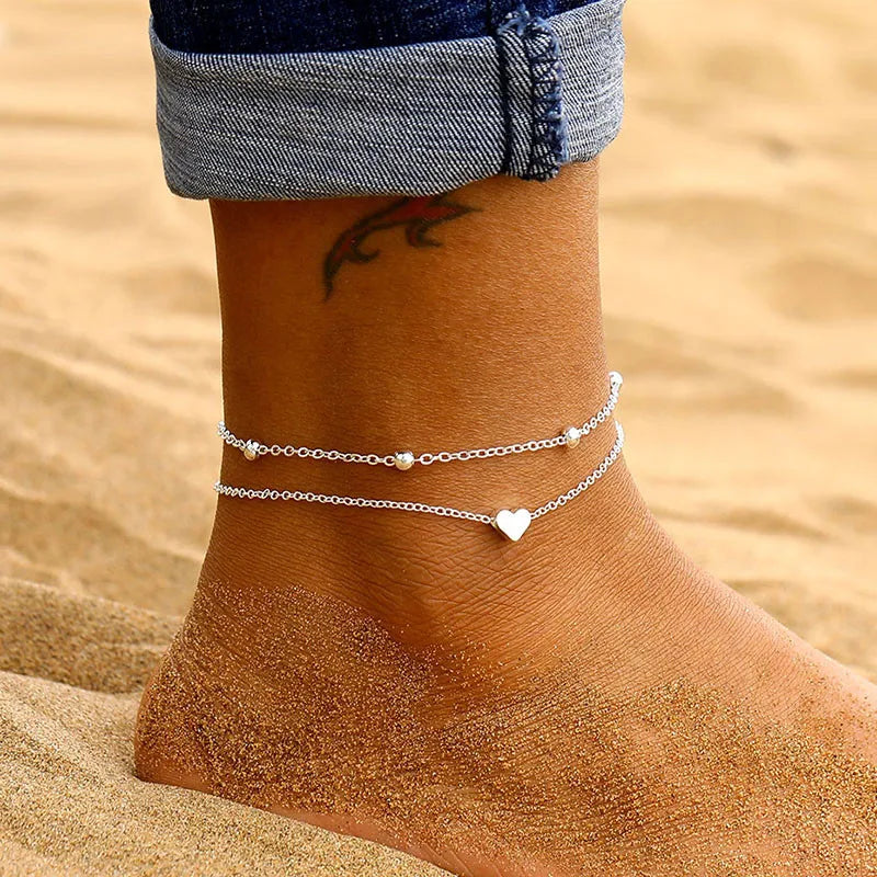 LETAPI Two Layers Chain Heart Style Gold/Silver Color Anklets For Women Bracelets Summer Barefoot Sandals Jewelry On Foot Leg - You Offer