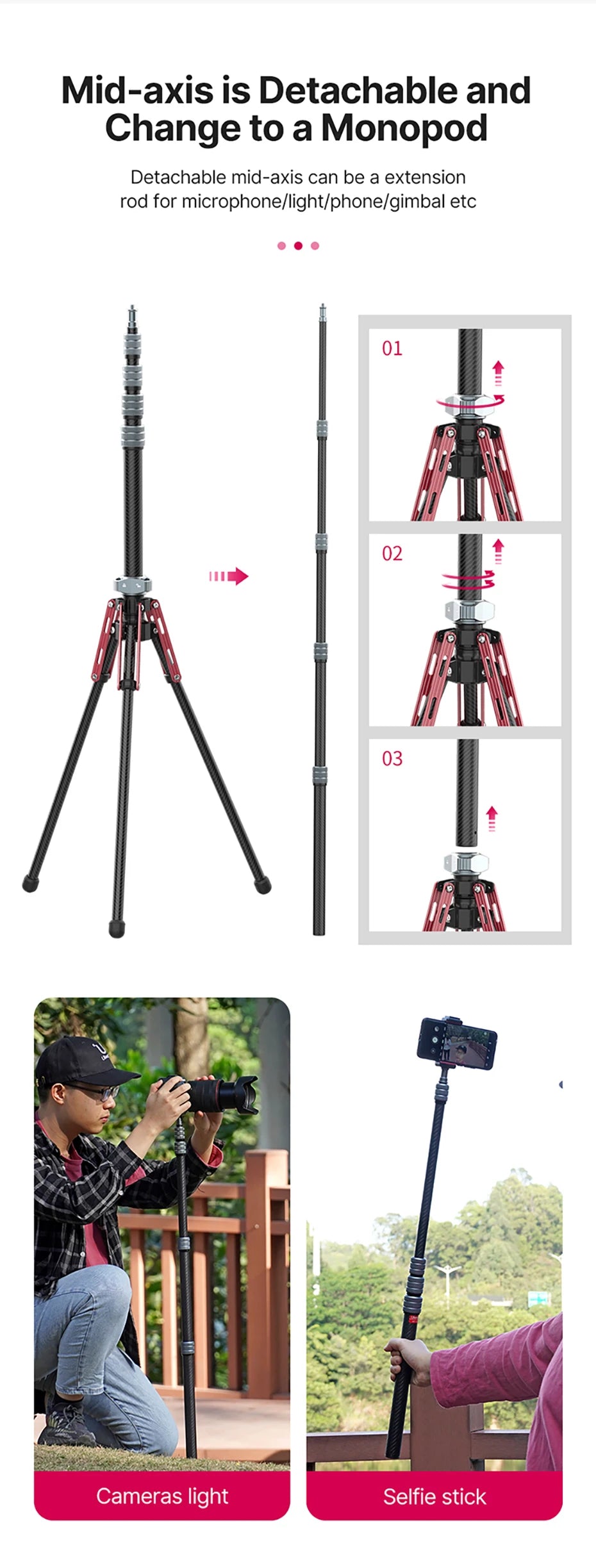 Ulanzi MT-49 1.9M Carbon Fiber Lighting Stand Portable Tripod Photography Light Stand for LED Light Flash Softbox Travel Monopod