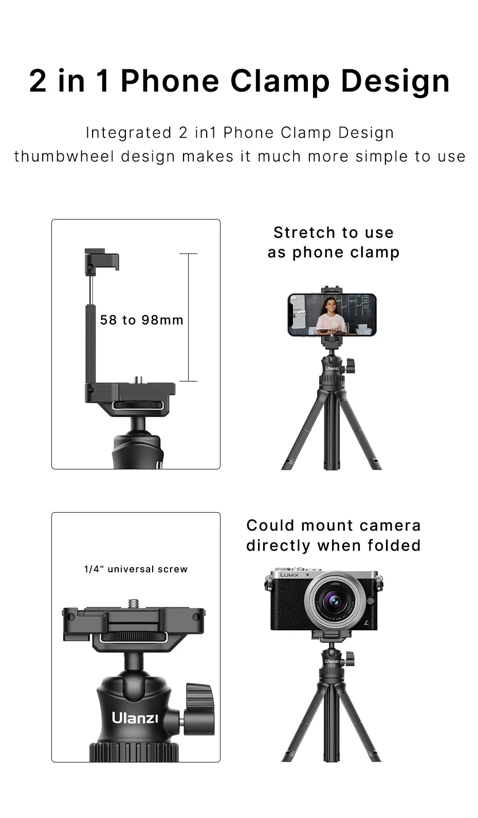 Ulanzi MT-34 81.5CM Extendable Tripod for Phone Camera DSLR 2in1 Tripod Selfie Stick With Phone Holder Ballhead 1/4'' Port