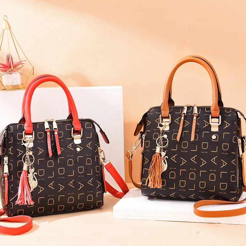 Fashion English Letter Handbag Women PU Leather Tassel Top-handle Bag Luxury Shoulder Bag Large Capacity Lady Tote Design Purse - You Offer