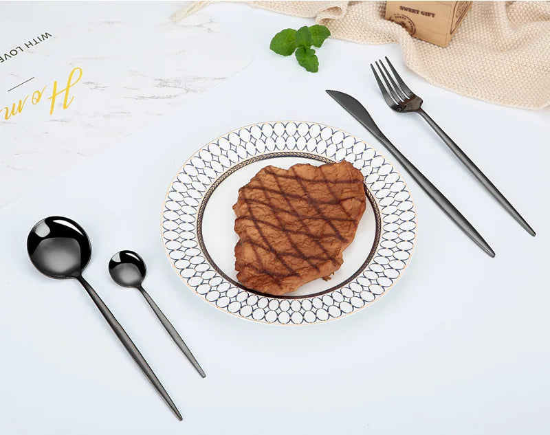 24Pcs Stainless Steel Dinnerware Set Black Gold Cutlery Spoon Fork Knife Western Cutleri Silverware tableware Set Supplies