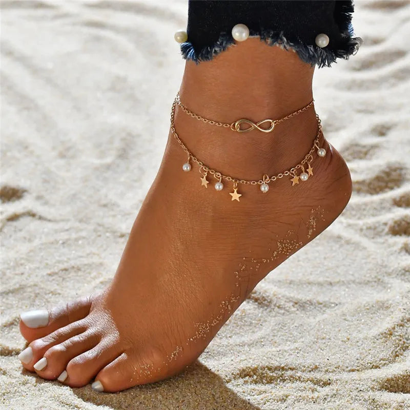 LETAPI Two Layers Chain Heart Style Gold/Silver Color Anklets For Women Bracelets Summer Barefoot Sandals Jewelry On Foot Leg - You Offer