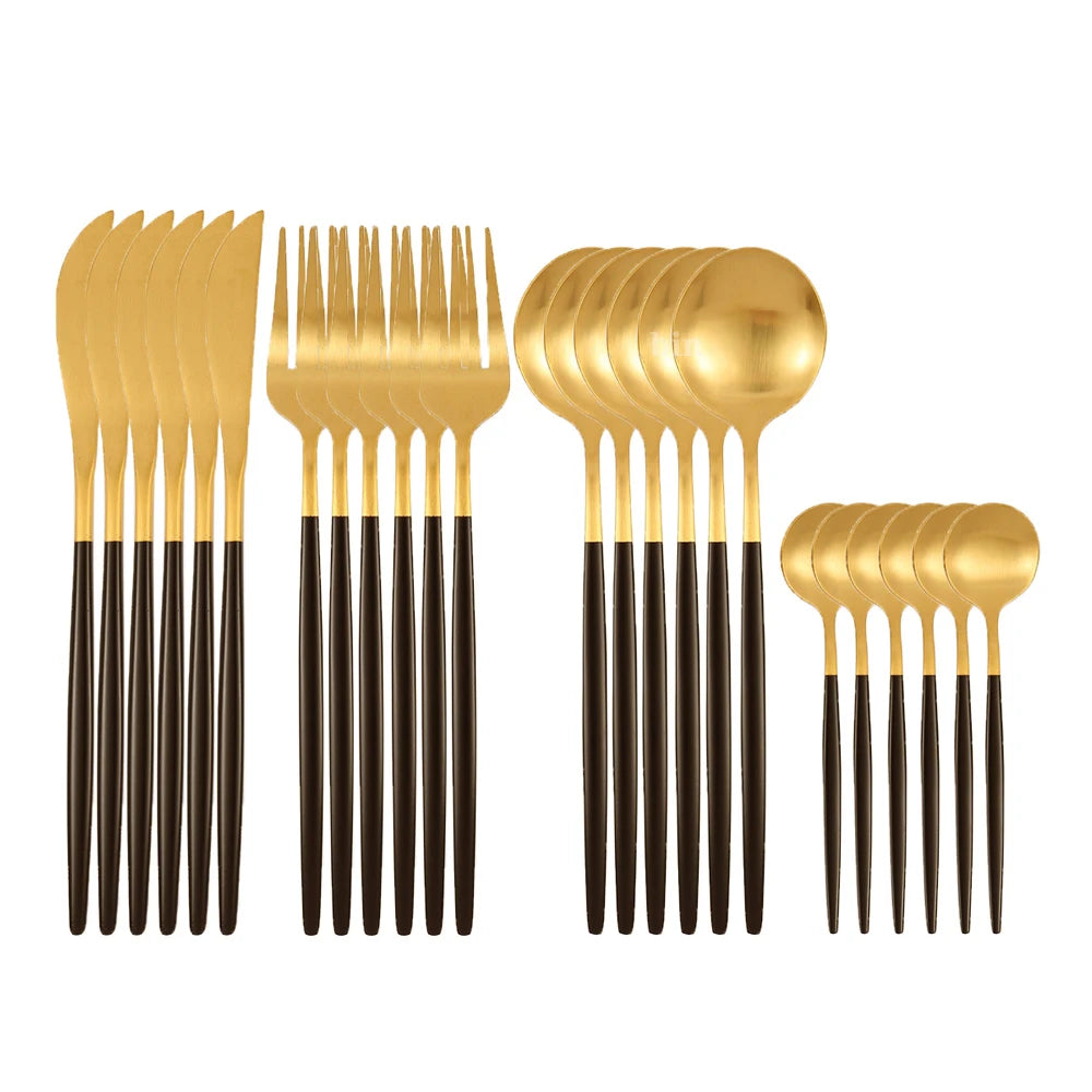 24Pcs Stainless Steel Dinnerware Set Black Gold Cutlery Spoon Fork Knife Western Cutleri Silverware tableware Set Supplies