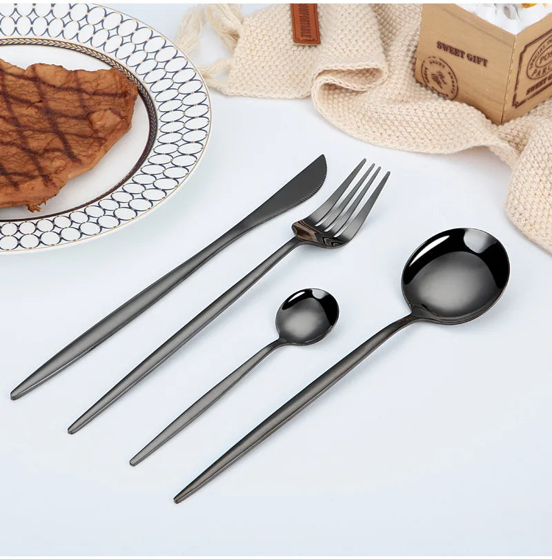 24Pcs Stainless Steel Dinnerware Set Black Gold Cutlery Spoon Fork Knife Western Cutleri Silverware tableware Set Supplies