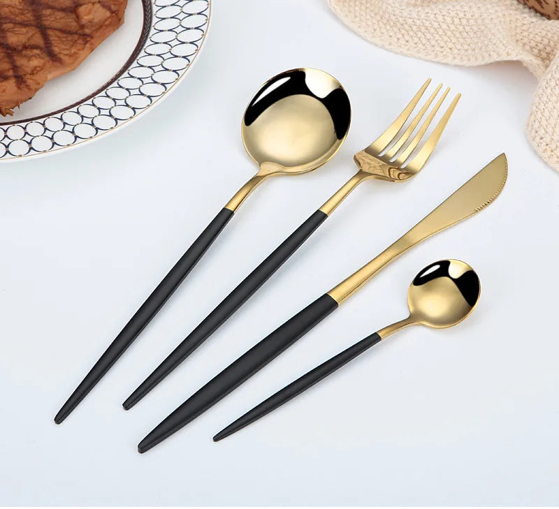 24Pcs Stainless Steel Dinnerware Set Black Gold Cutlery Spoon Fork Knife Western Cutleri Silverware tableware Set Supplies