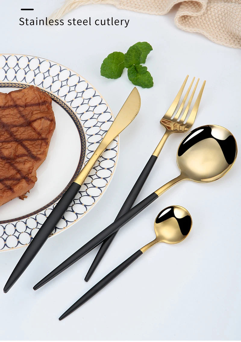 24Pcs Stainless Steel Dinnerware Set Black Gold Cutlery Spoon Fork Knife Western Cutleri Silverware tableware Set Supplies