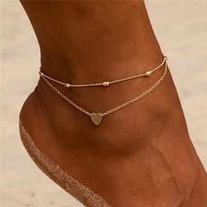 LETAPI Two Layers Chain Heart Style Gold/Silver Color Anklets For Women Bracelets Summer Barefoot Sandals Jewelry On Foot Leg - You Offer