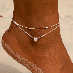 LETAPI Two Layers Chain Heart Style Gold/Silver Color Anklets For Women Bracelets Summer Barefoot Sandals Jewelry On Foot Leg - You Offer