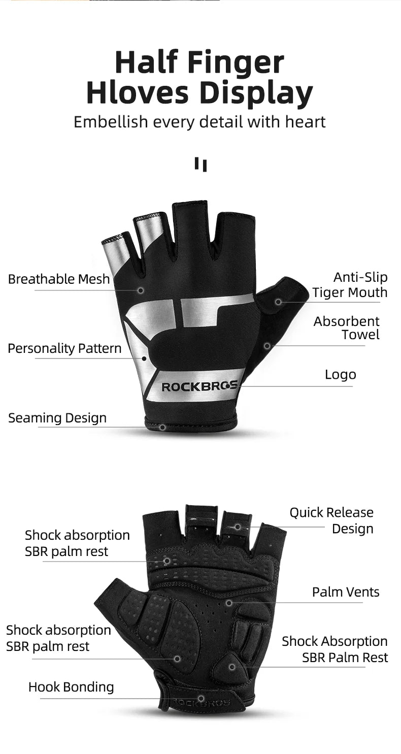 ROCKBROS Summer Cycling Gloves Half Finger Shockproof Breathable Gym Gloves Men MTB Fingerless Bicycle Gloves Cycling Equipment
