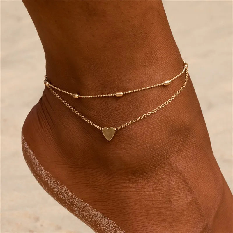 LETAPI Two Layers Chain Heart Style Gold/Silver Color Anklets For Women Bracelets Summer Barefoot Sandals Jewelry On Foot Leg - You Offer