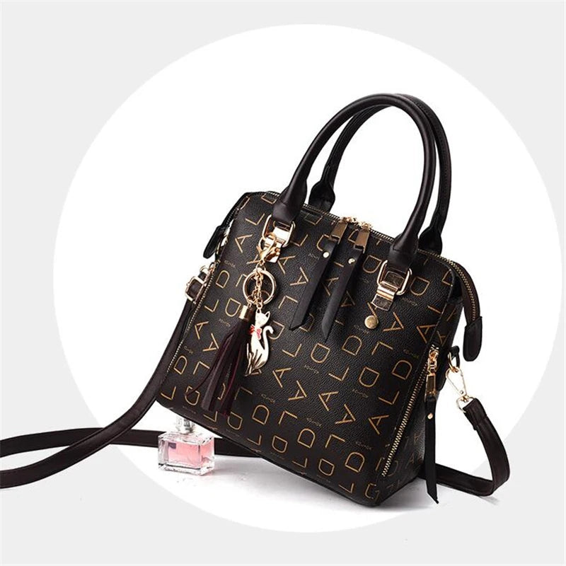 Fashion English Letter Handbag Women PU Leather Tassel Top-handle Bag Luxury Shoulder Bag Large Capacity Lady Tote Design Purse - You Offer