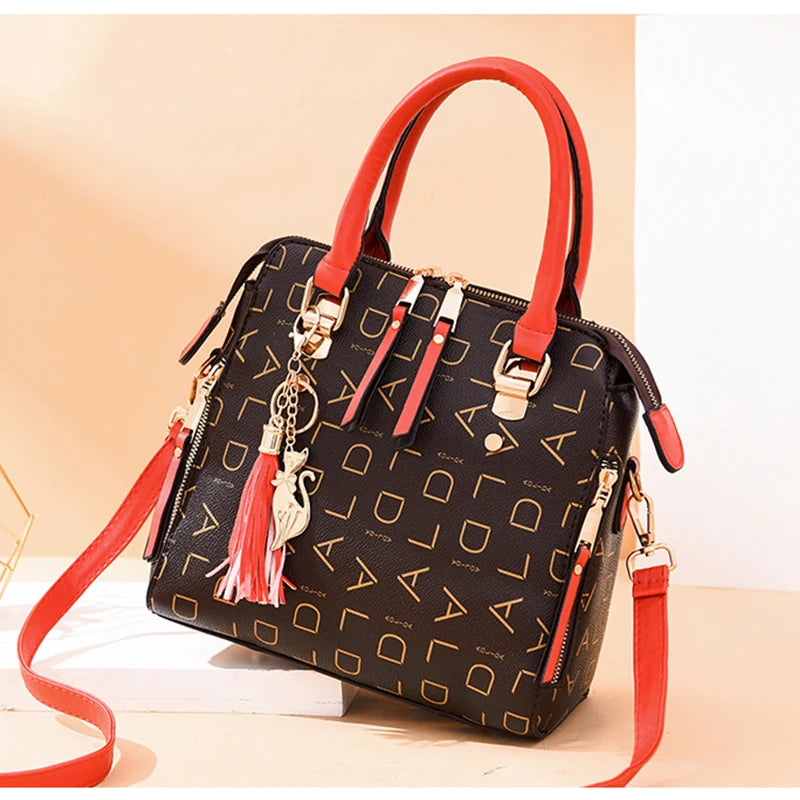 Fashion English Letter Handbag Women PU Leather Tassel Top-handle Bag Luxury Shoulder Bag Large Capacity Lady Tote Design Purse - You Offer