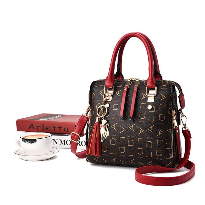 Fashion English Letter Handbag Women PU Leather Tassel Top-handle Bag Luxury Shoulder Bag Large Capacity Lady Tote Design Purse - You Offer