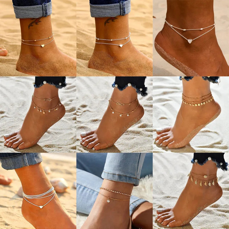 LETAPI Two Layers Chain Heart Style Gold/Silver Color Anklets For Women Bracelets Summer Barefoot Sandals Jewelry On Foot Leg - You Offer