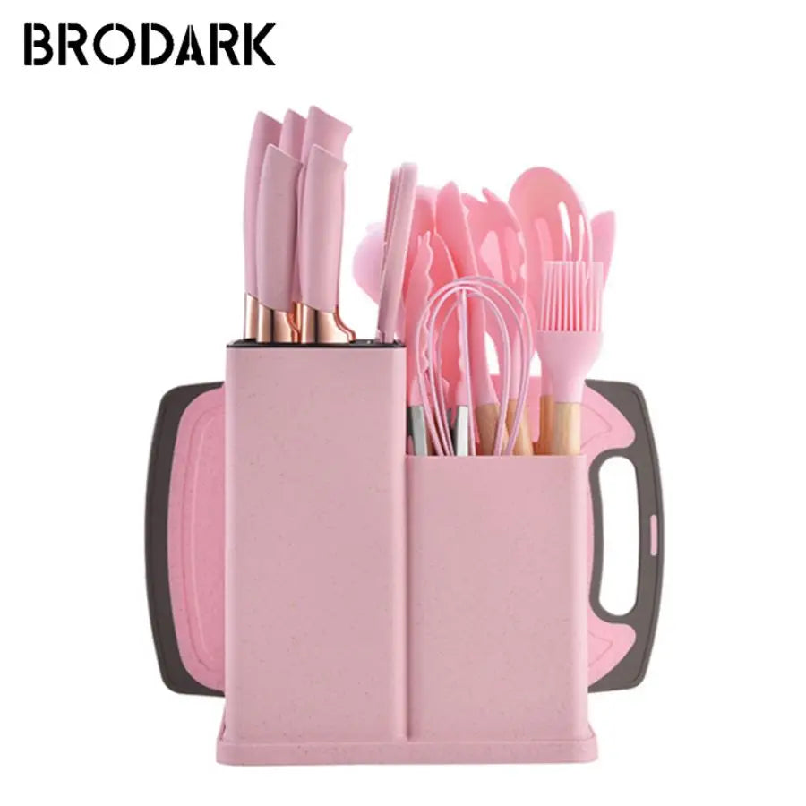 19pcs Food Grade Silicone Brodark Kitchenware Set, Cooking Spoon, Shovel, Cutting Board, Fruit Knife, Chef Knife, Combination Se - You Offer