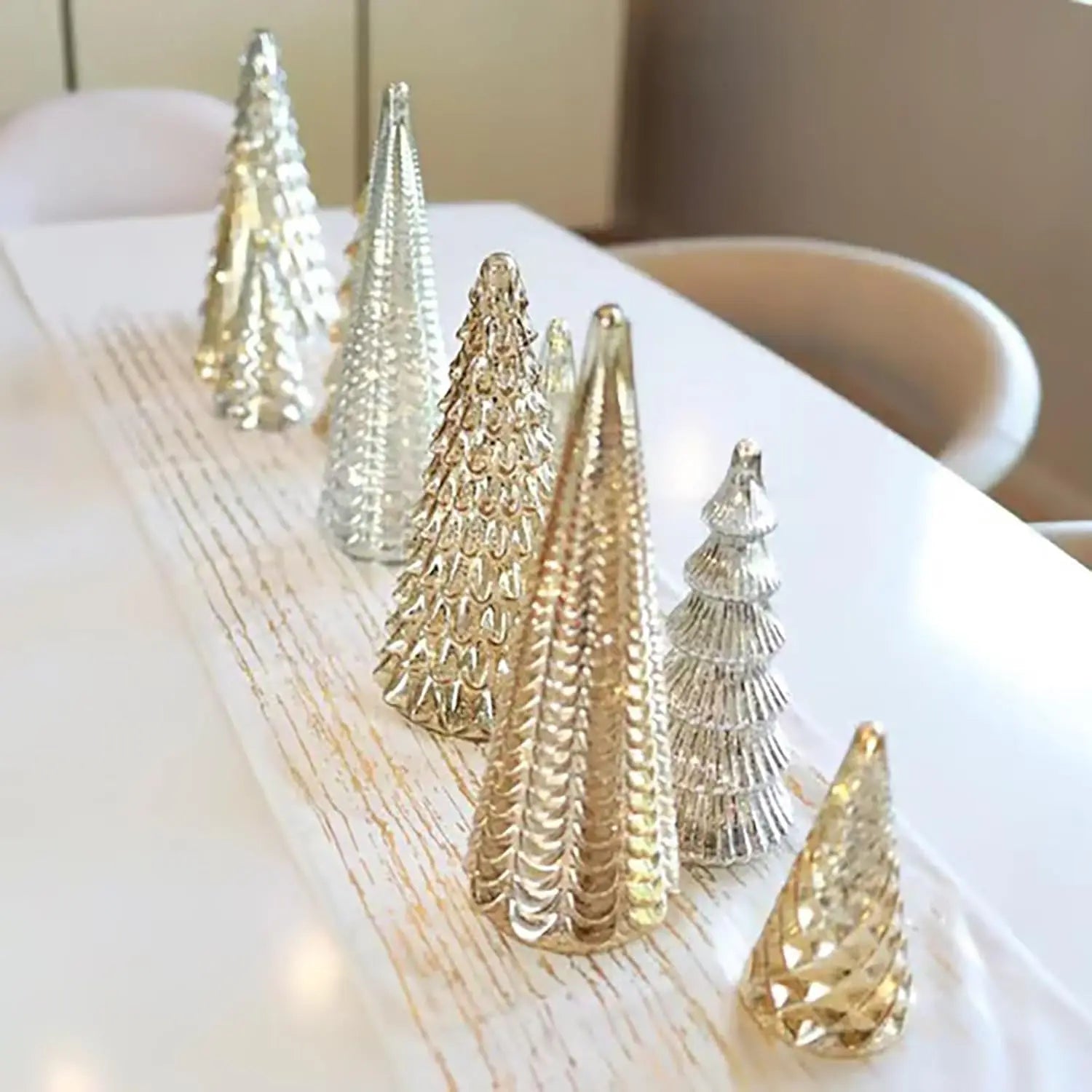 Set of 5 Illuminated Mercury Glass Trees, Upgrade Christmas Trees LED, Gold Tree Figurine for Home Party Mantel Decor Xmas Gift