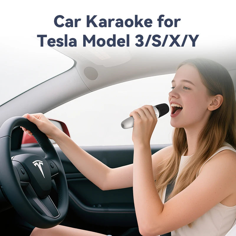 T1-Car Karaoke Microphone for Tesla Model Y/3/X/Cybertruck, Rechargeable Caraoke Mic with USB-A & USB-C Receiver, Plug to Use