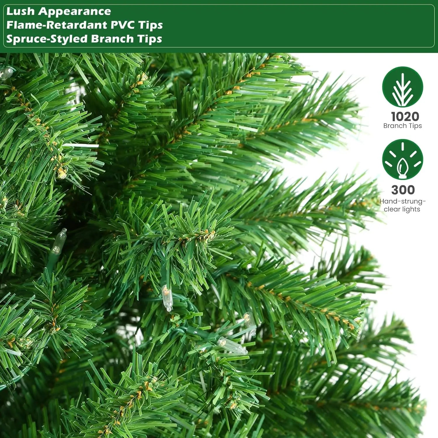 7ft Prelit Premium Artificial Classic Spruce Christmas Tree, 300 Warm White & Color LED Lights, 1020 Branch Tips