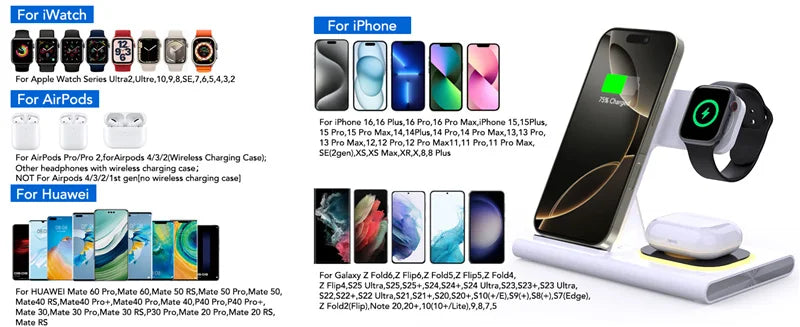 300W Foldable 3 In 1 Wireless Charger Stand Pad Desktop Fast Charging Station For iPhone 16 15 14 13 Samsung Apple Watch Airpods