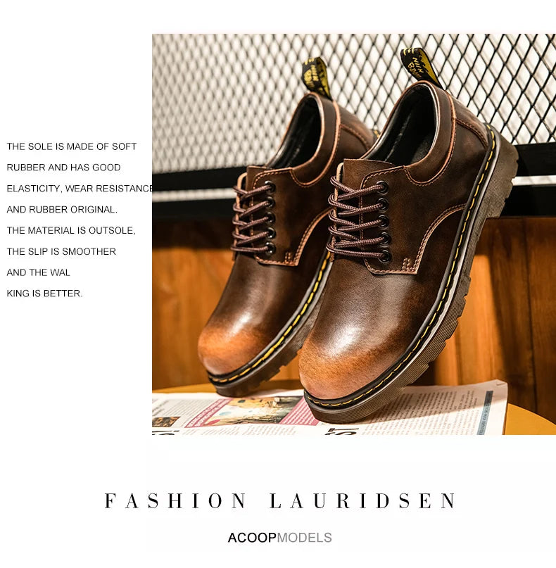 Men's casual leather low-top heightening large-head work boots breathable versatile British cow tendon sole derby shoes