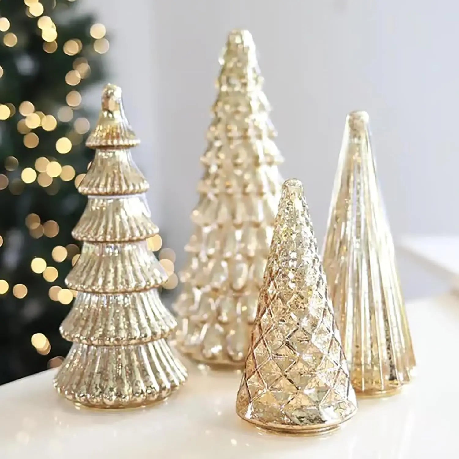 Set of 5 Illuminated Mercury Glass Trees, Upgrade Christmas Trees LED, Gold Tree Figurine for Home Party Mantel Decor Xmas Gift