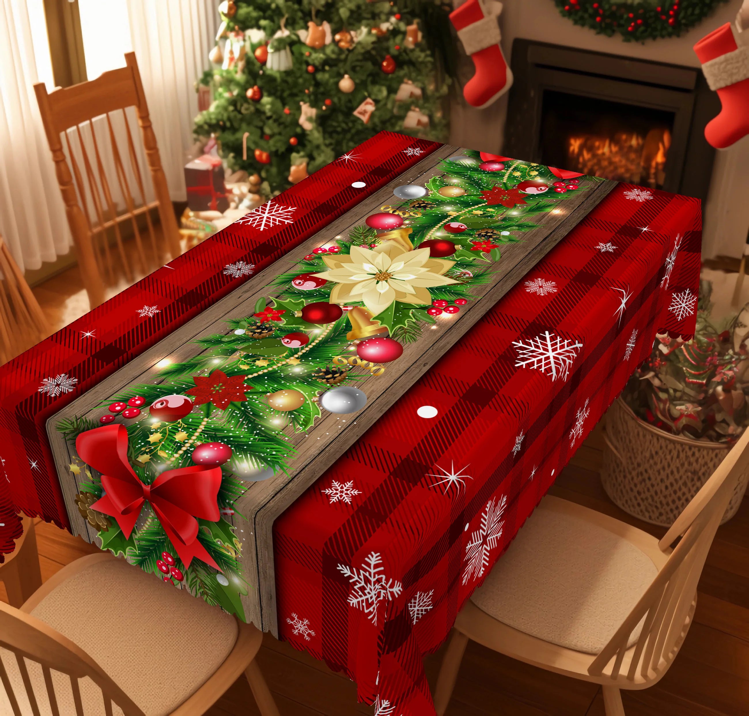 1 Piece Christmas Round and Rectangular Tablecloth, Various Sizes, Holly Berry Bow Snowflake Print Pattern Red Tablecloth for Daily Home Kitchen, Terrace Use, Gifts