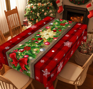 1 Piece Christmas Round and Rectangular Tablecloth, Various Sizes, Holly Berry Bow Snowflake Print Pattern Red Tablecloth for Daily Home Kitchen, Terrace Use, Gifts