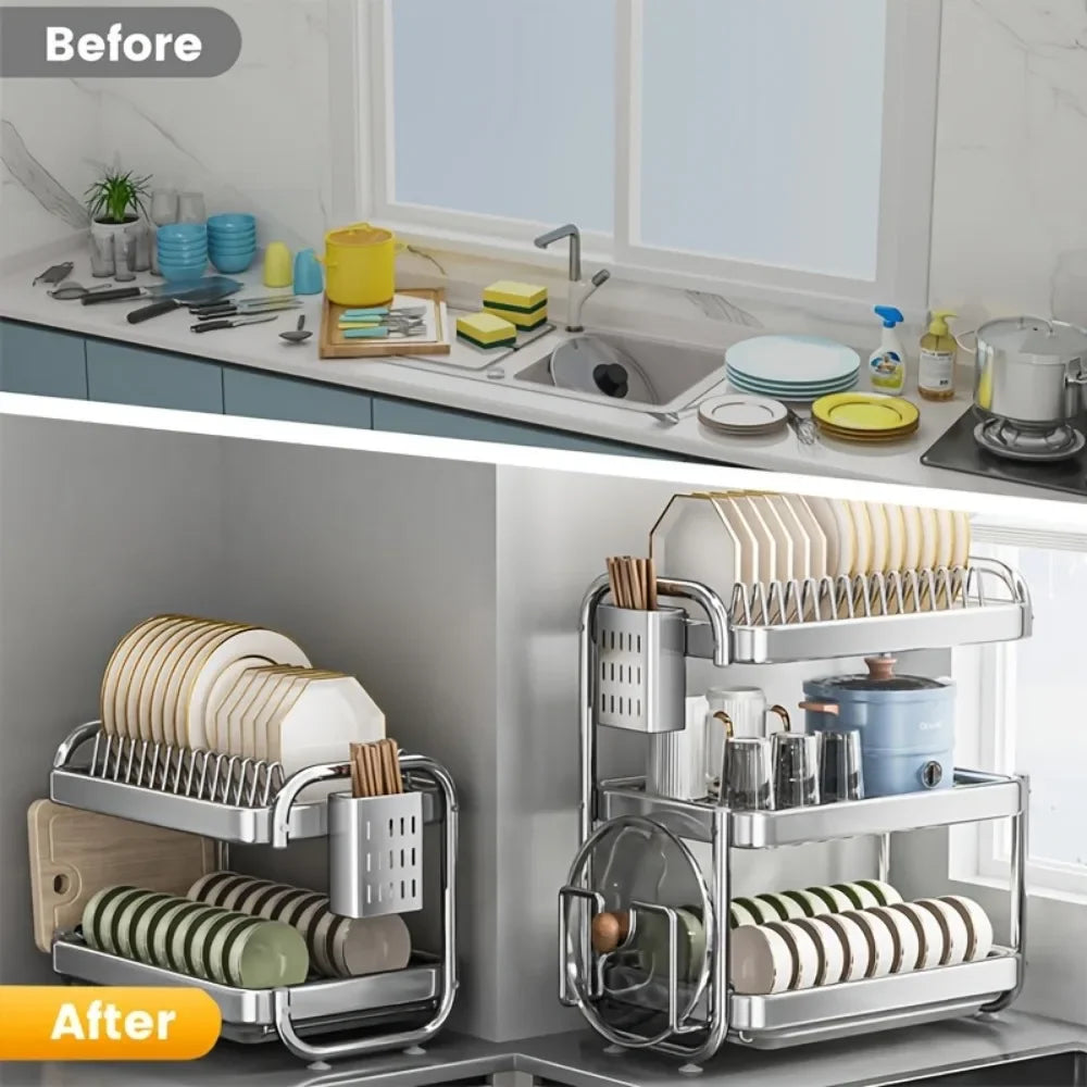 Dish Drying Rack Multifunctional Rustproof Big-capacity Bowl Storage Shelf Stainless Steel Multilayer Spacesaving Draining Shelf