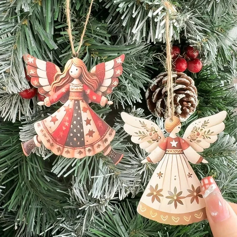 4/40pcs Christmas Tree Hanging Pendant Angels Doll Pendant Wooden Angels Decorations for Christmas Party New Year Wedding Decor