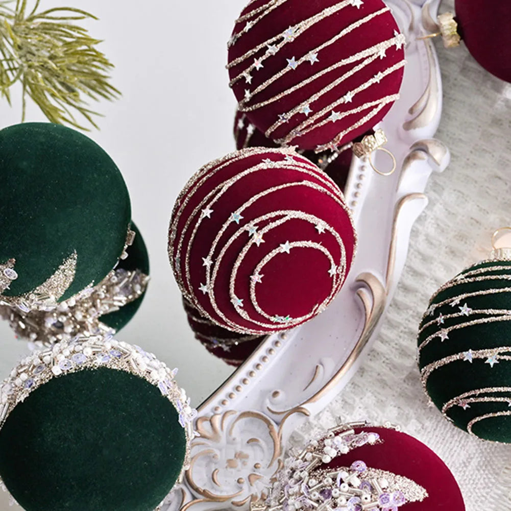 6CM 12PCS Premium Flocking Velvet Diamond Sequin Christmas Ball Window Hanging Home Christmas Decoration