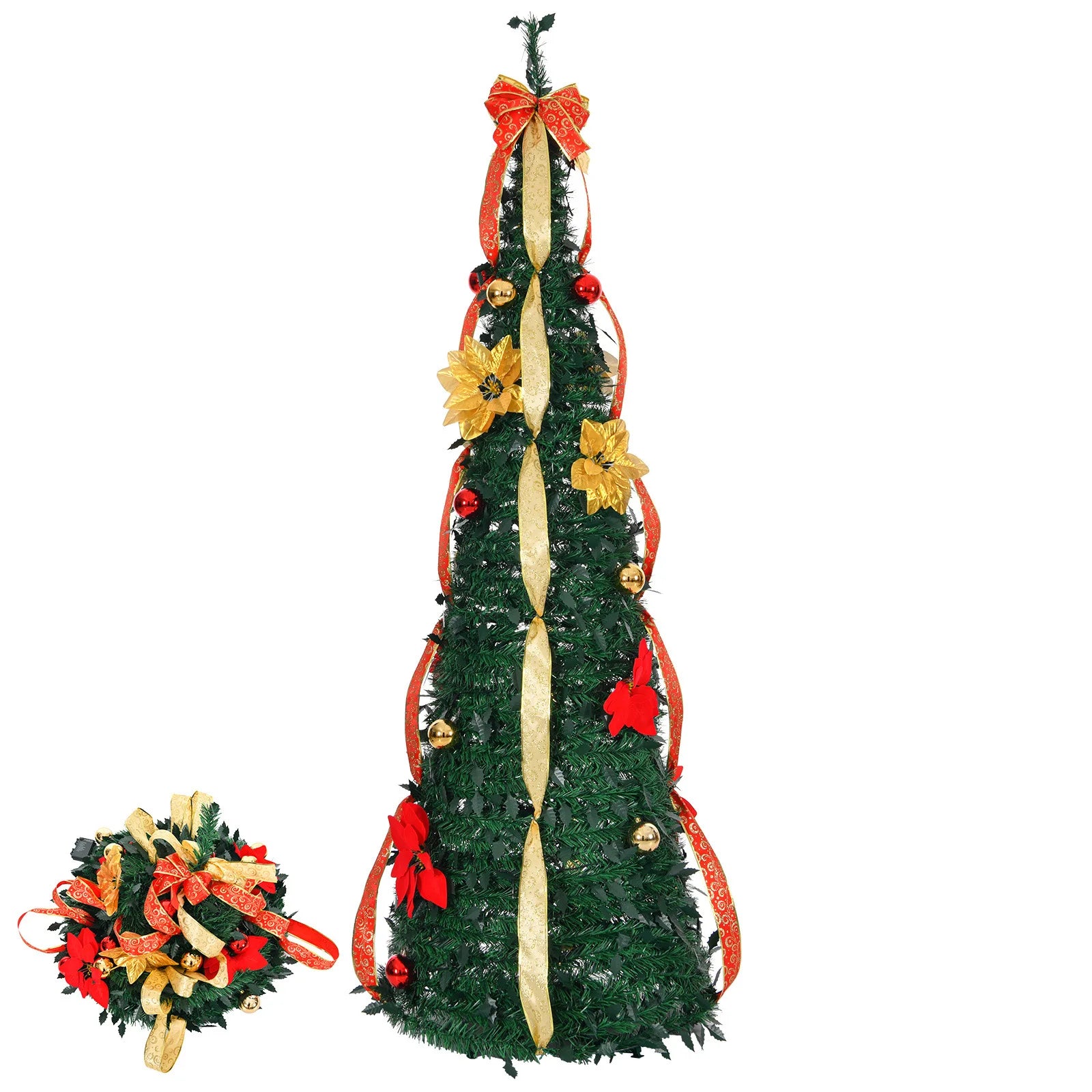 New Retractable Christmas Tree with Red and Yellow Flower Decorations, LED Light Frame, Foldable Holiday Ornament