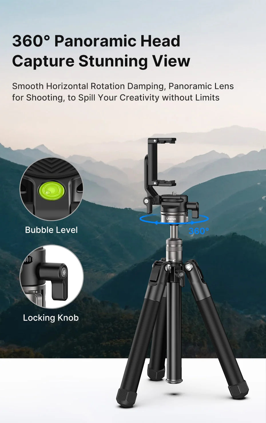 Ulanzi MT-63 26CM Portable Mini Tripod with 360° Panoramic Head Horizontal and Vertical Shooting for Smartphones Cameras