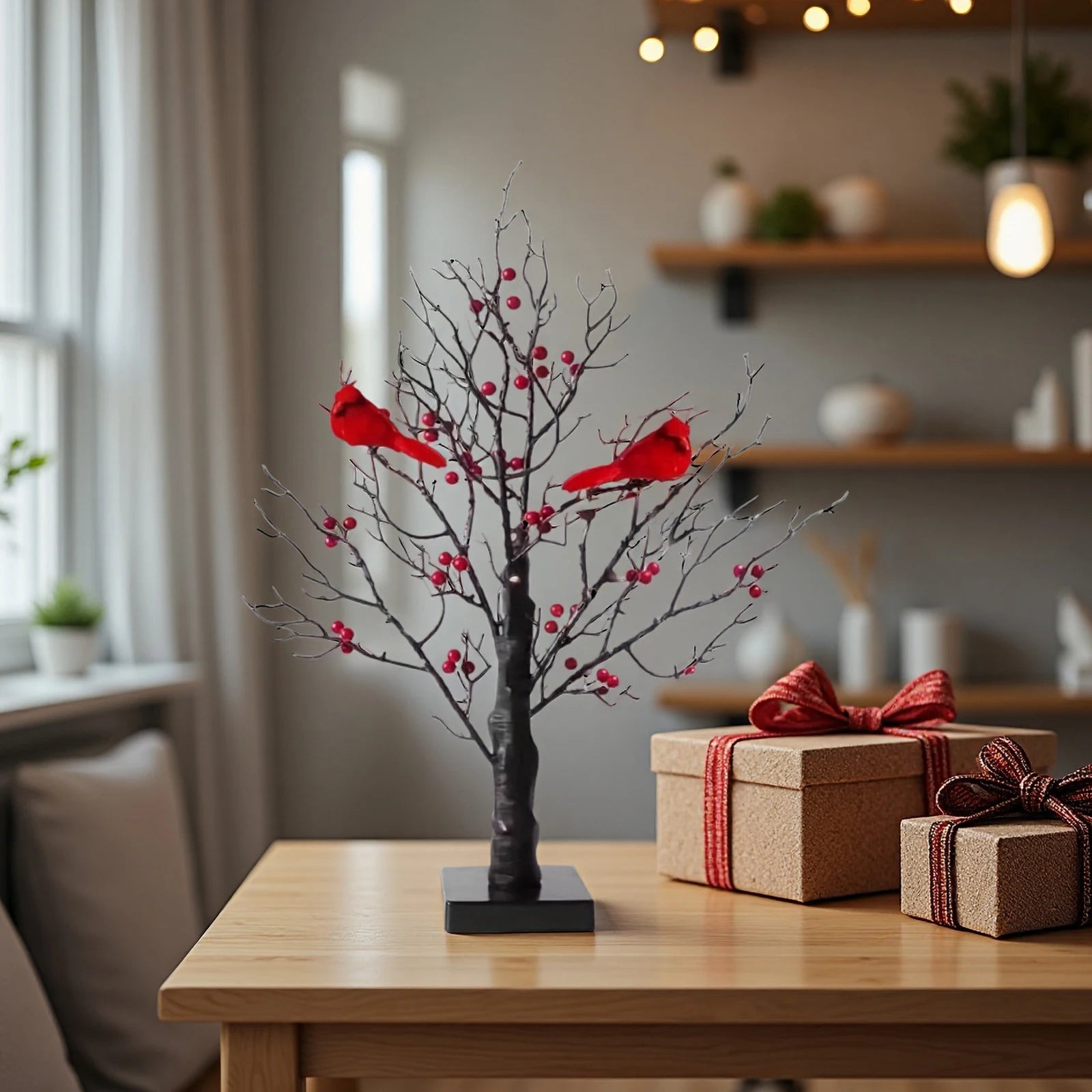 Red Bird Tree Light LED Cardinal Little Red Bird Table Decoration Twinkle Tree Lamp for Holiday Home Xmas Decor