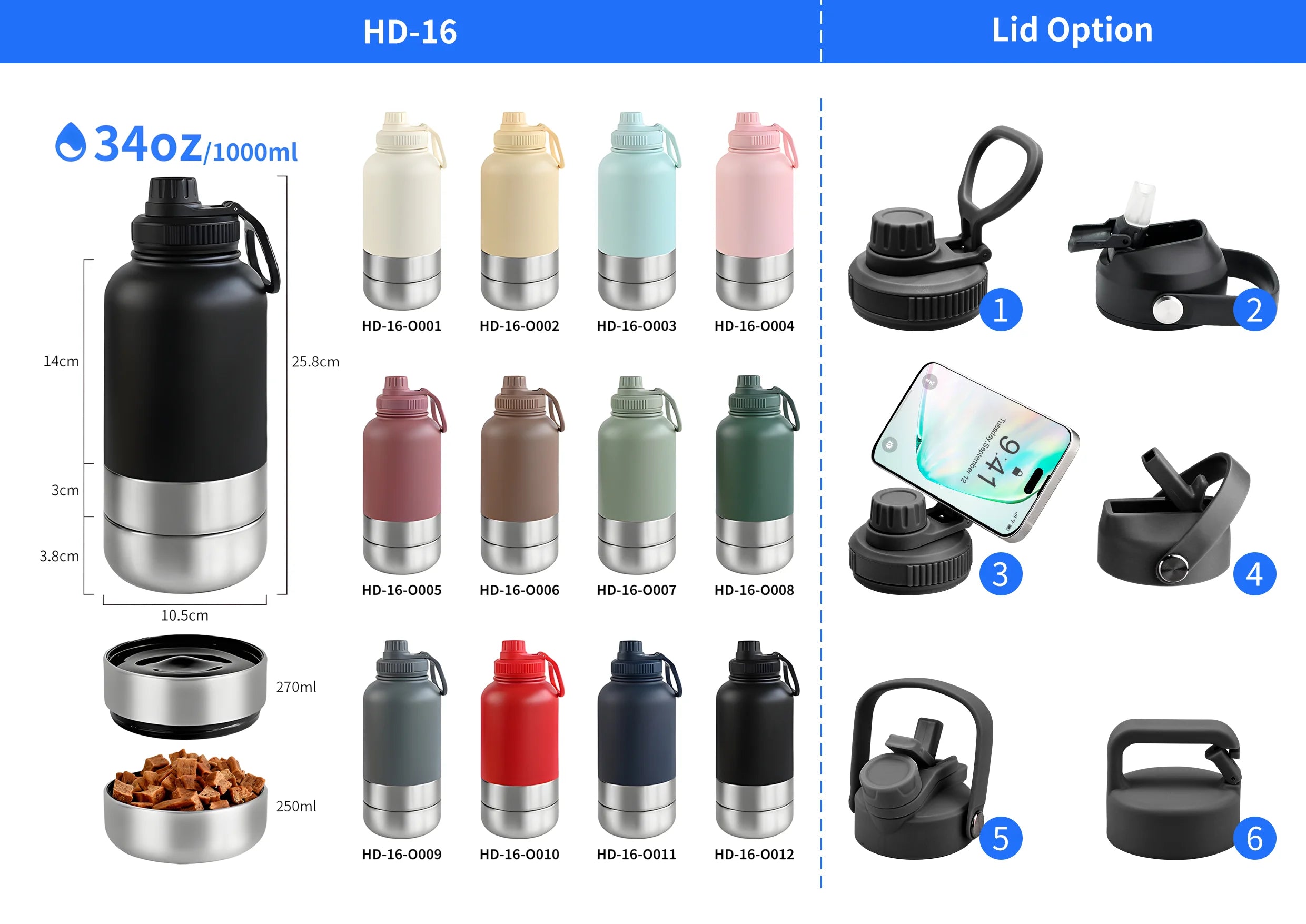 OKKPETS 32Oz 3 in 1 Stainless Steel Dog Water Bottle 1000ml Outdoor Travel Portable Pet Insulated Feeder Dog Bowl Food Bottle