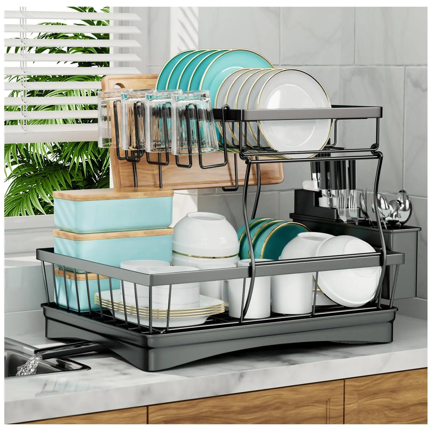 Large 2-tier dish drying rack for kitchen countertops, removable large-capacity dish draining rack - You Offer