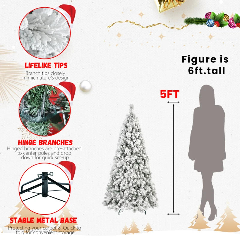 8FT Flocked Christmas Tree with 1445 Tips – Snowy PVC & Hard Needle Branches, Hinged Structure for Easy Setup, Stable Metal Stan