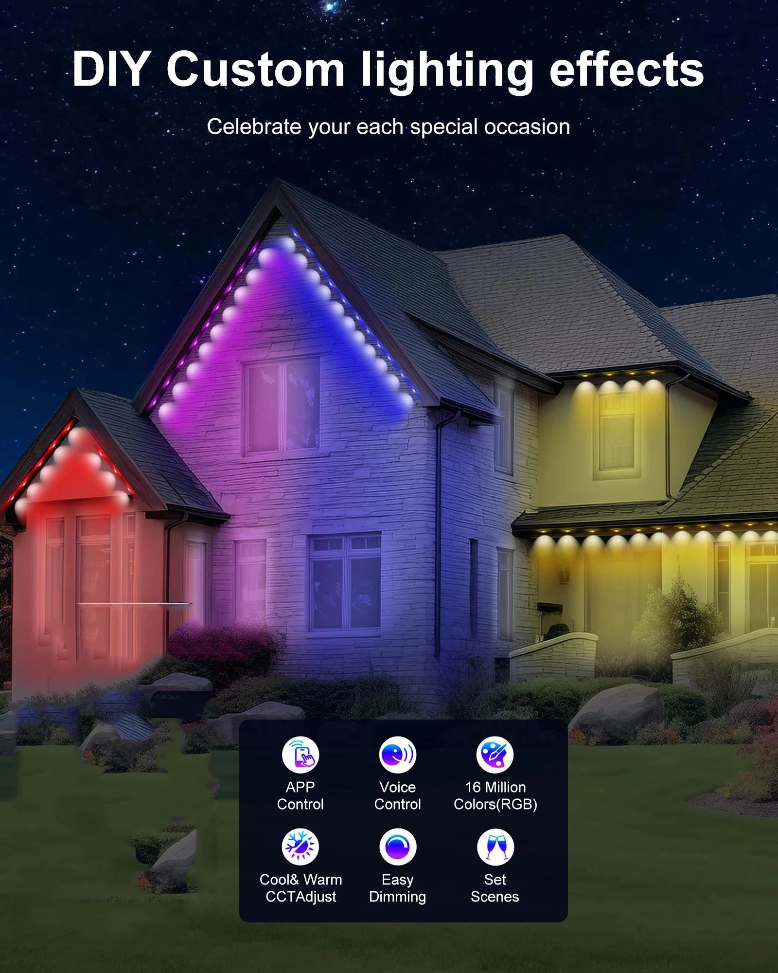 20M Permanent Outdoor Lights Smart RGBIC LED Eaves Lights with App/Remote Control Full House Flashing Lighting Christmas  Decor