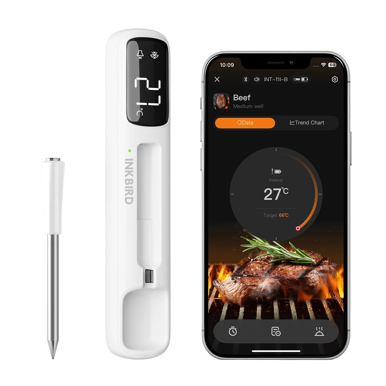INKBIRD INT-11I-B Wireless Meat Thermometer, Bluetooth 5.4 1000ft,1s Response, IP67, 26 Presets, LED Display,for BBQ/Grill/Party