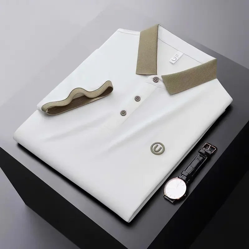 Ice silk short-sleeved T-shirt for men, new summer high-end embroidered luxurious silky quick-dry breathable polo shirt.