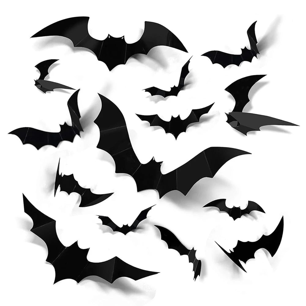 120 Pcs Halloween Bat Decorations Indoor PVC 3D Scary Bats Wall Decor Stickers 4 Sizes DIY Halloween Decals for Party Supplies