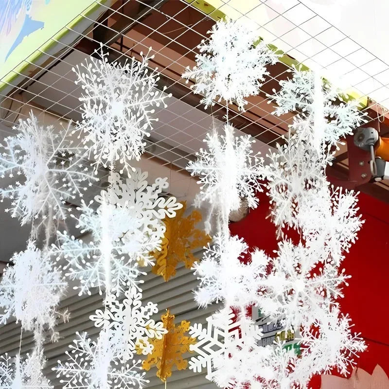 White Christmas Snowflakes Xmas Tree Hanging Pendant Artificial Plastic Glitter Snow Flake Home DIY New Year Wreath Decoration