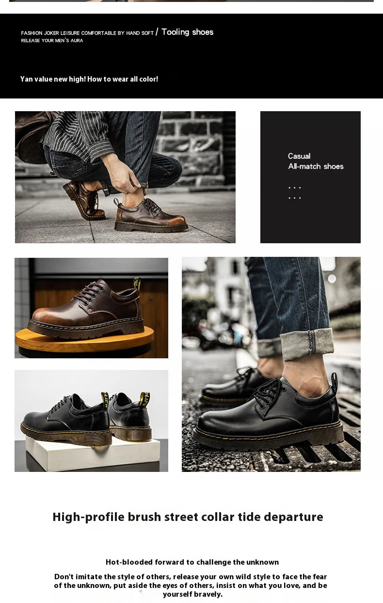 Men's casual leather low-top heightening large-head work boots breathable versatile British cow tendon sole derby shoes